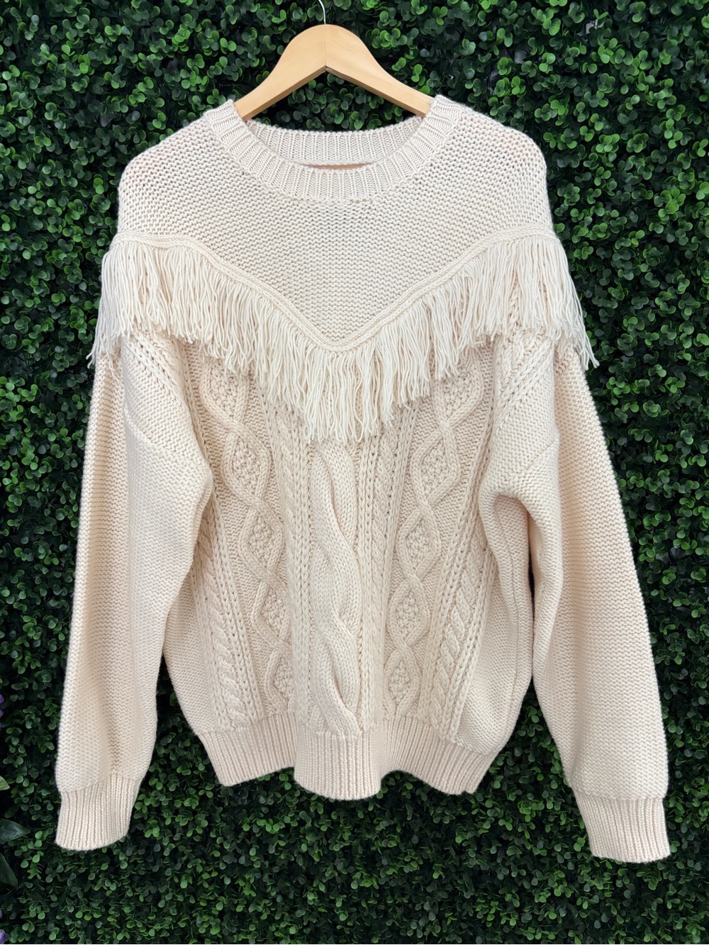 7 For All Mankind Cream Fringe Cable-Knit Sweater NWT